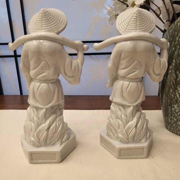 Set of 2 -70's Chinese White Porcelain Farmer with Hat Carrying Yoke Statue - Picture 3 of 6
